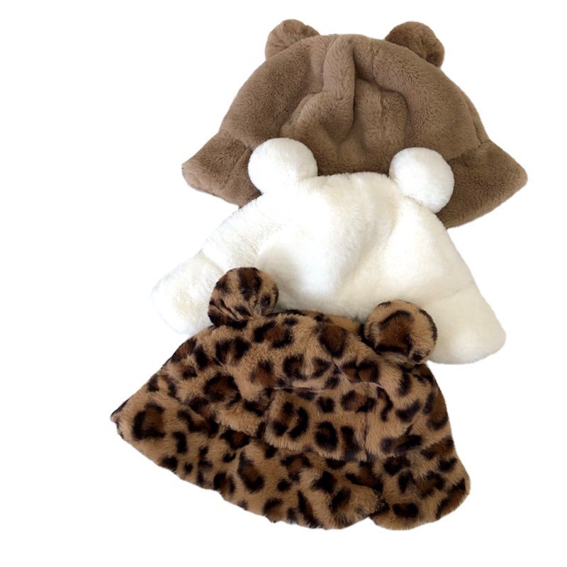 Women's autumn winter Koreanstyle versatile cute student earflap hat thickened and fleecelined leopard print plush bucket hat for warmth