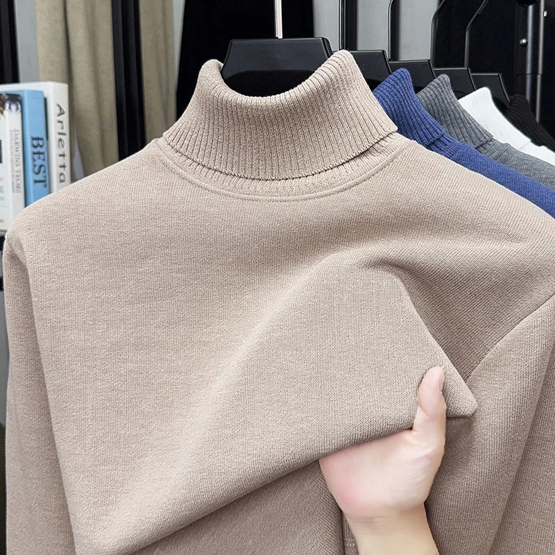 Men's Solid Color Wool Sweater with Winter High Neck and Thick Cashmere Knitted Base Top 261008