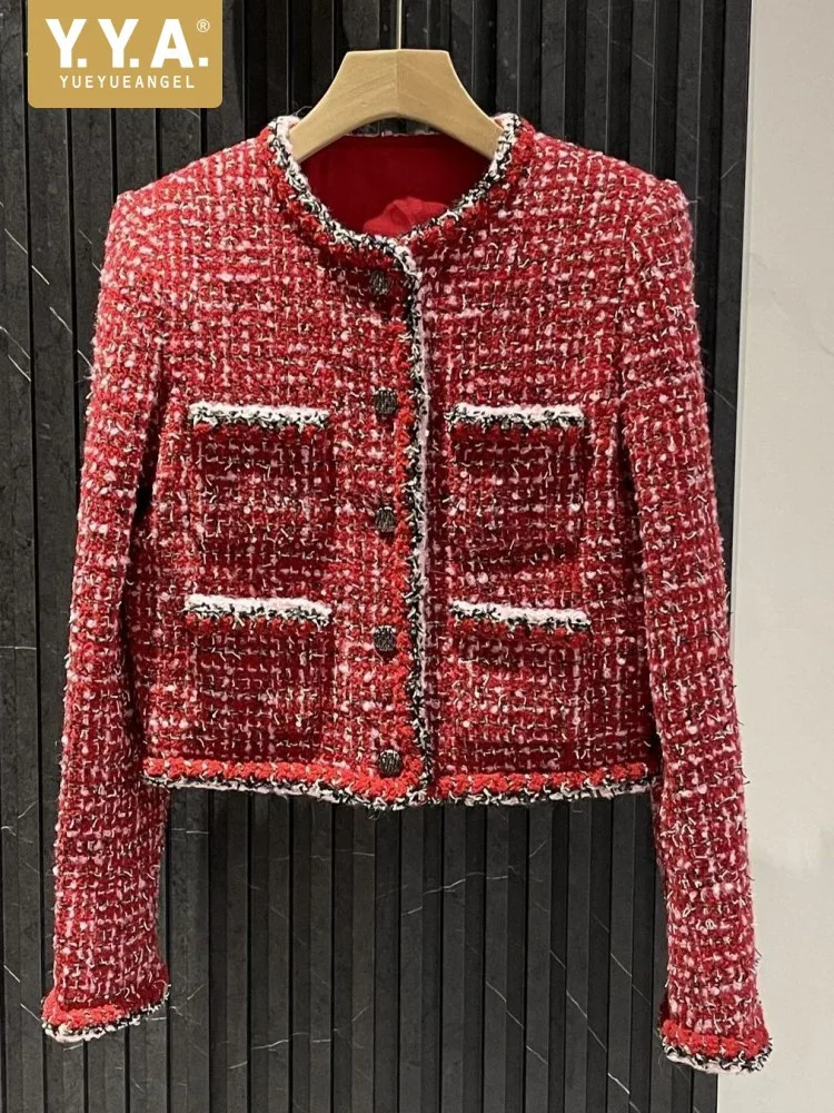y Single Breasted Red Tweed Jacket Office Ladies Pockets Short Coat Fashion Round Neck Long Sleeves Straight Outwear 261014