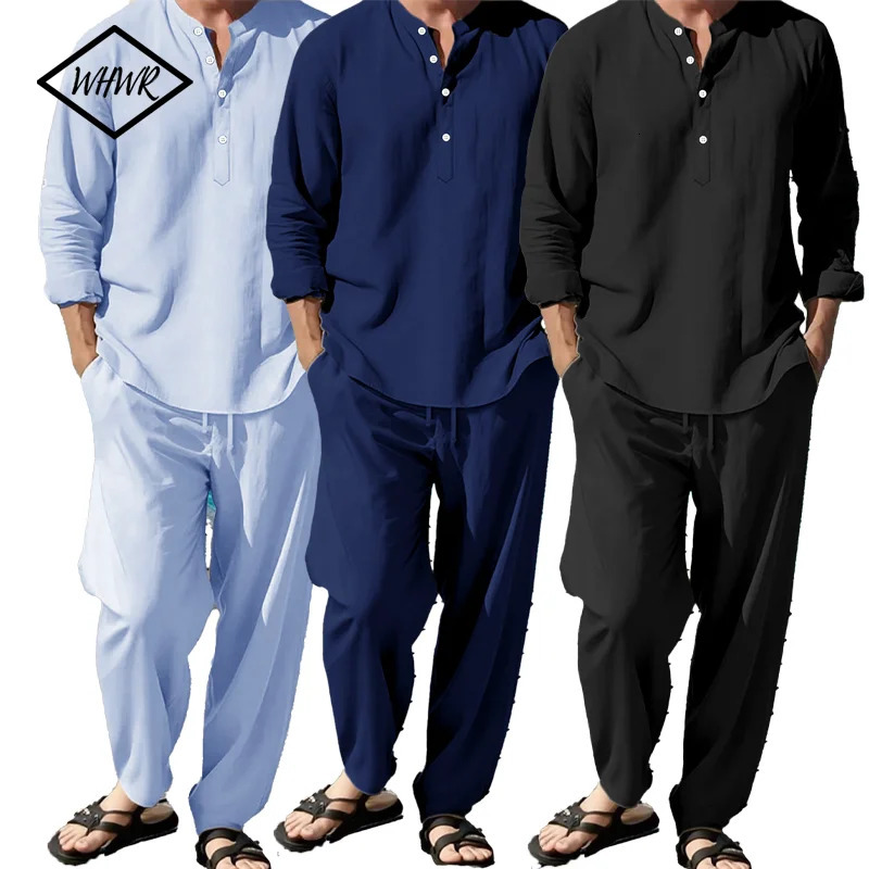 Long Sleeve Henley Shirt Pants Suit Men Lightweight Breathable Streetwear Solid Color Business Button Polo Shirts Long Pants 261013
