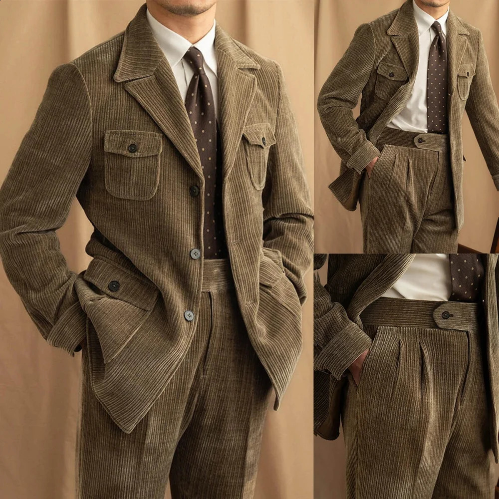 Suit Jacket Pants Business Retro Casual Corduroy Mens Set Coat Straight Leg 261017