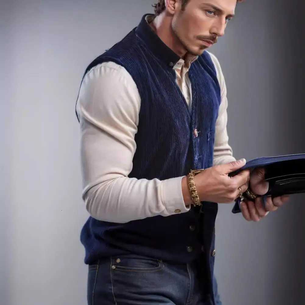 Vests Men Waistcoat V-Neck Men's Sleeveless Single Breasted Vest Coat With Multi-pocket Design Solid Color Corduroy Casual Denim WaistcoatW2610