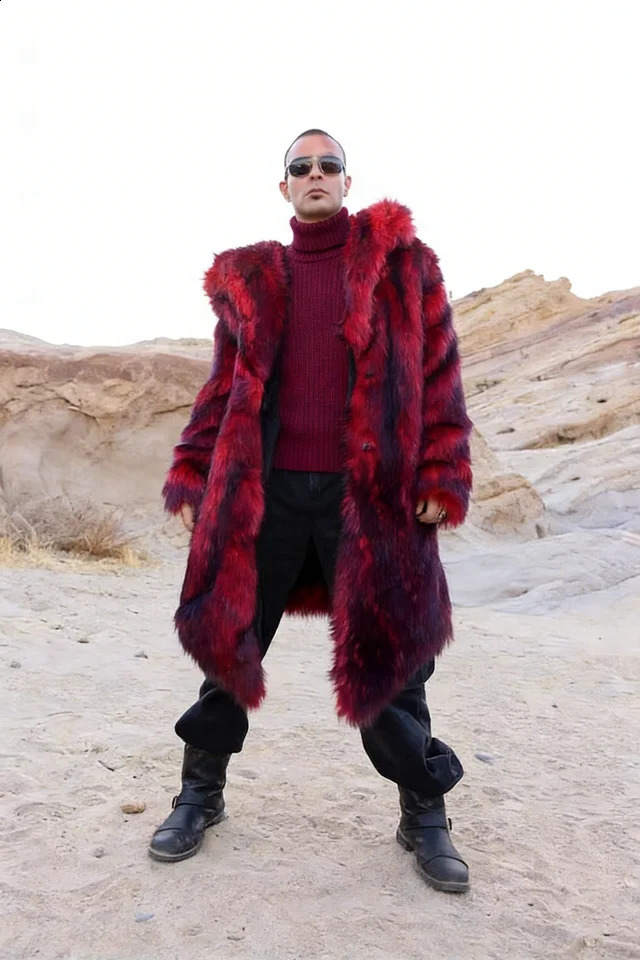 AutumnWinter Long Warm Fluffy Faux Fur Coat Red Men's Sleeve High Quality y 261008