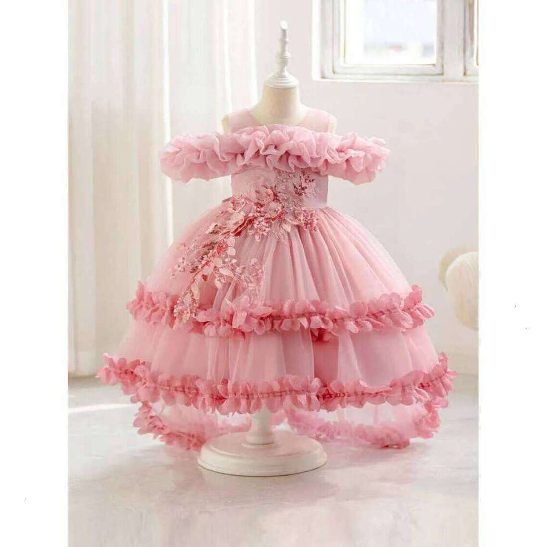 Girls Dress New Children's One Shoulder Party Princess In Solid Color For Wedding First Birthday 100% cotton casual Festive With Th