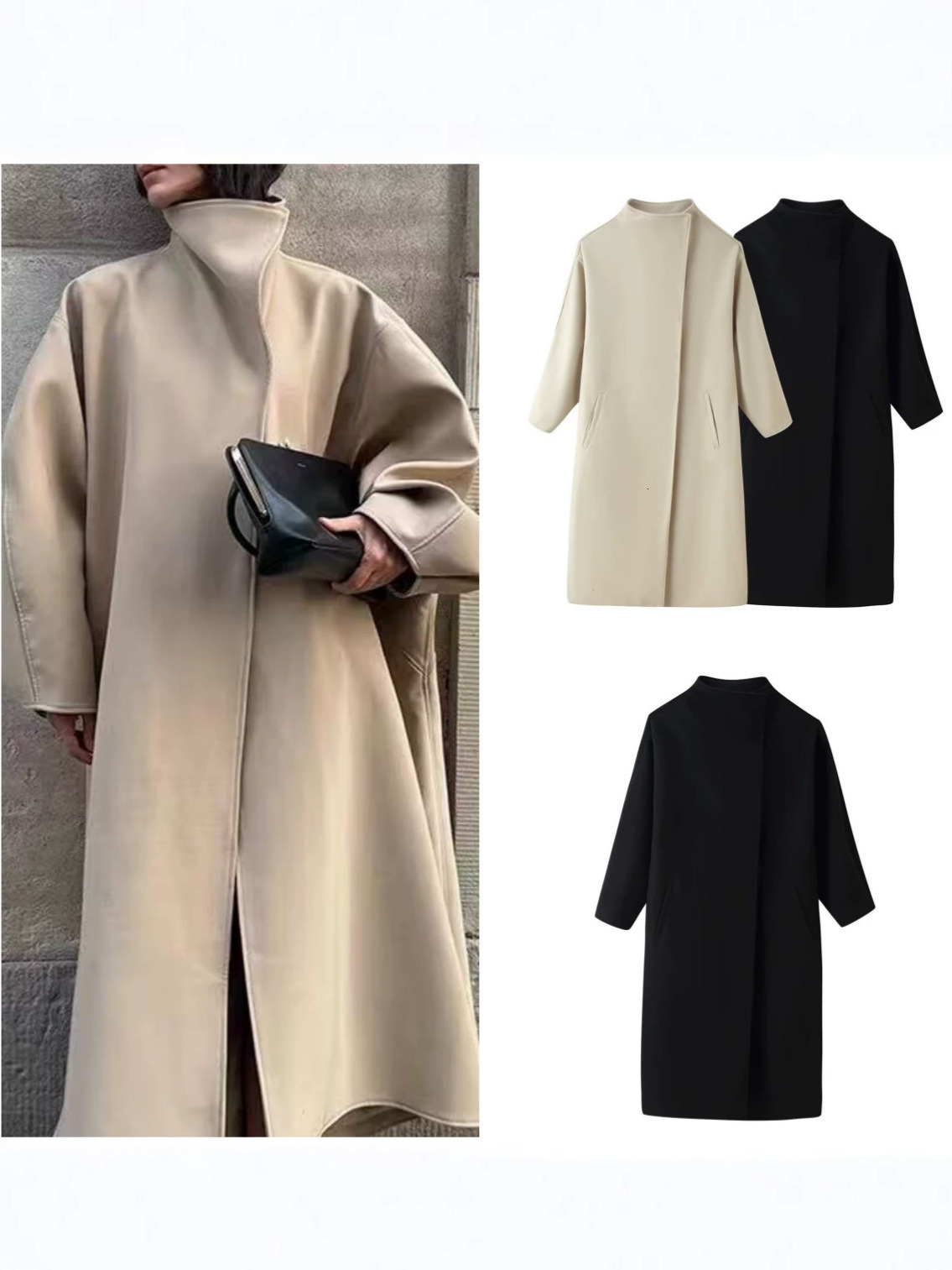 New winter collection for export: French-style, minimalist, loose-fitting, long-sleeved, stand-up collar, solid-color coat with hidden buttons