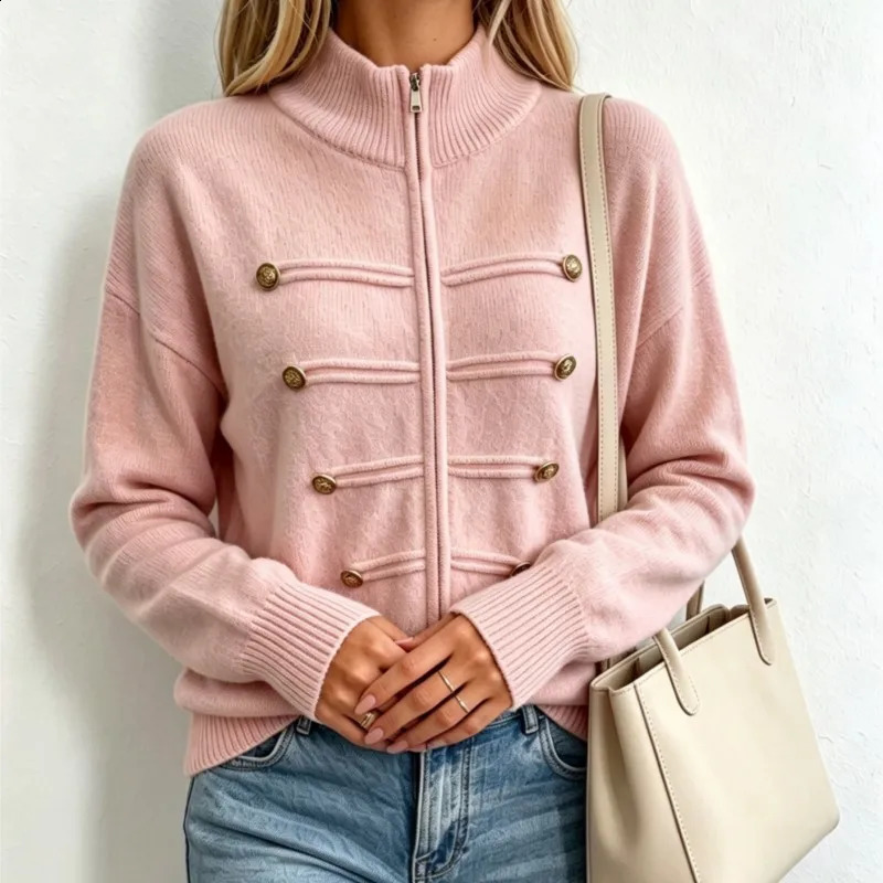 Autumn Winter Stand Collar Zip Up Knit Cardigan Sweater Women's Double Breasted Button Solid Long Sleeve Loose Coat 261016