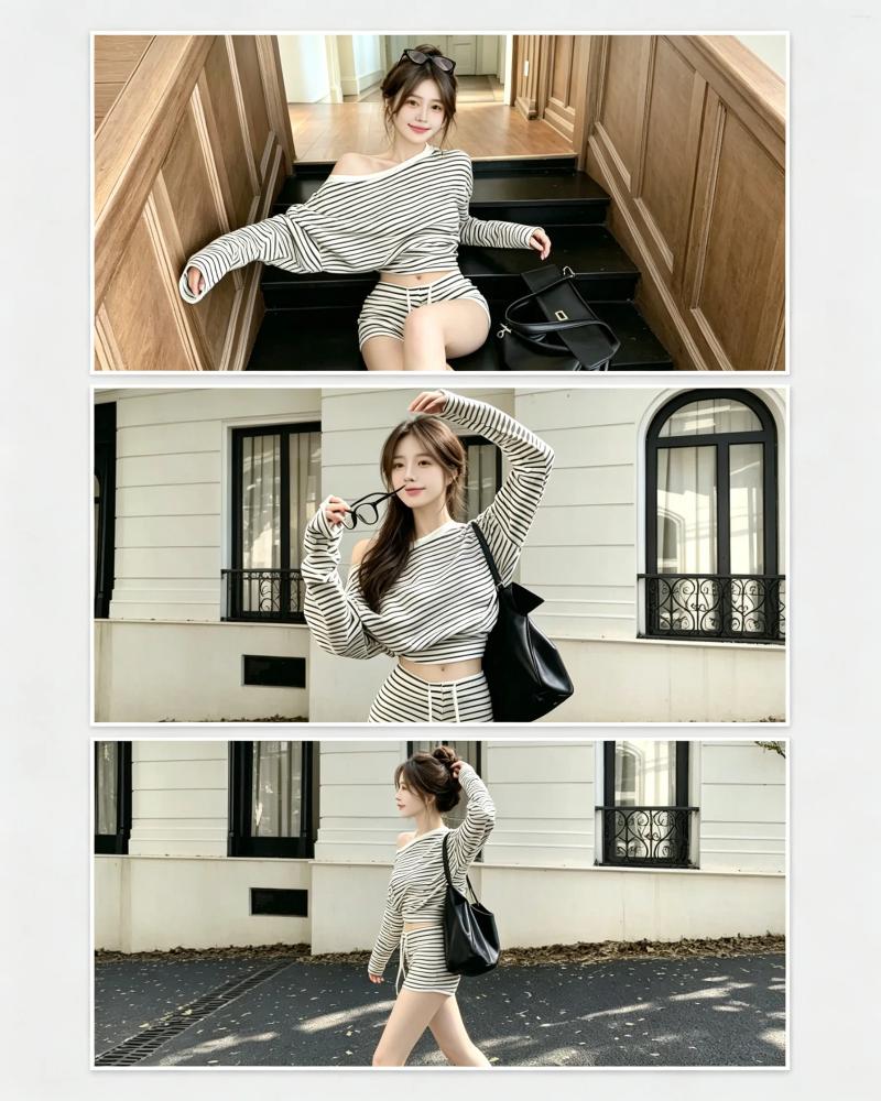 Korean Premium Striped Loungewear Set Lazy Long-Sleeve Top & Shorts Pajamas For Women | Spring Summer Item Relaxed Fit V