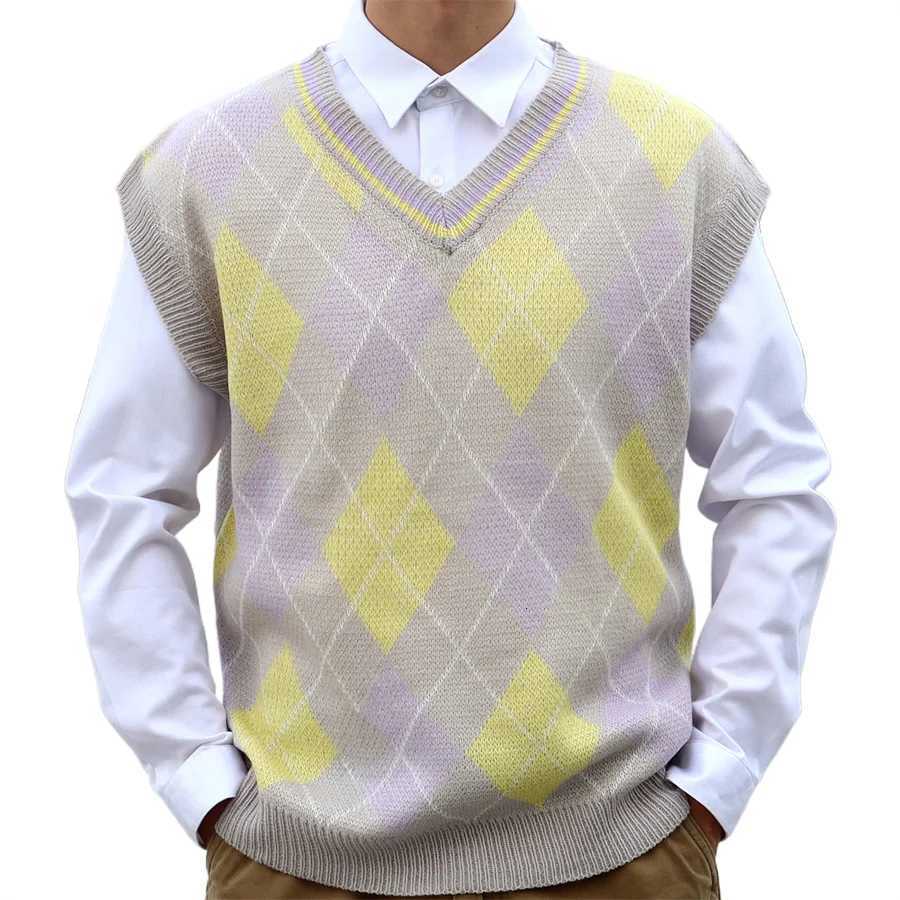 Vests 2026 New Men's Men's V-neck Knitted Vest Rhombus Plaid Pullovers Waistcoat for Man Korean Style Spring Autumn Thin Sleeveless Sweate