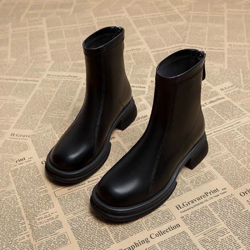 Women Ankle Boots Chunky Mid Heel Round Toe Back Zipper Short Booties Casual Platform PU Leather Fashion Comfort Solid Shoes 261013