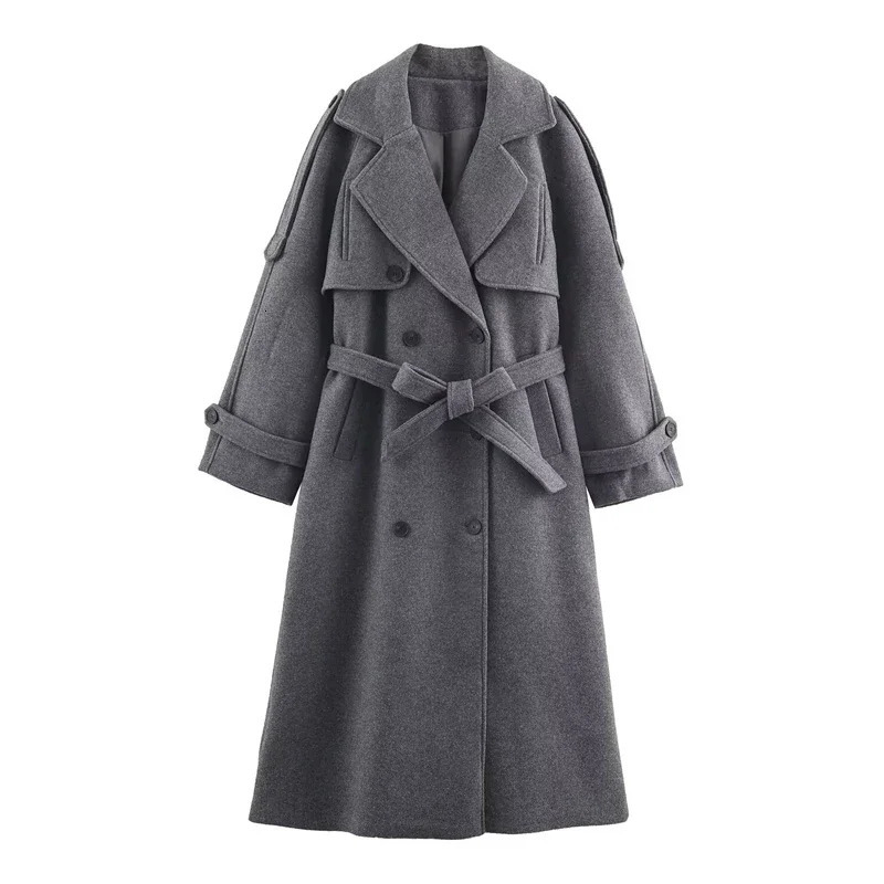 Belted Waist Lapel Collar Long Length Winter Overcoat Women's Grey Wool Blend Trench Coat Double Breasted 261010