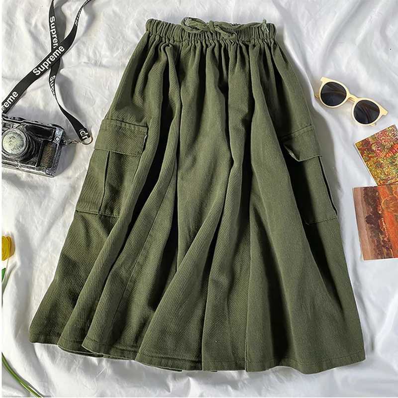 Women Skirts Harajuku Cargo Skirt Loose A-line Pocket Solid Midi Long Green Black Skirt Fashion Korean Hip Hop High Waist Streetwear W261017