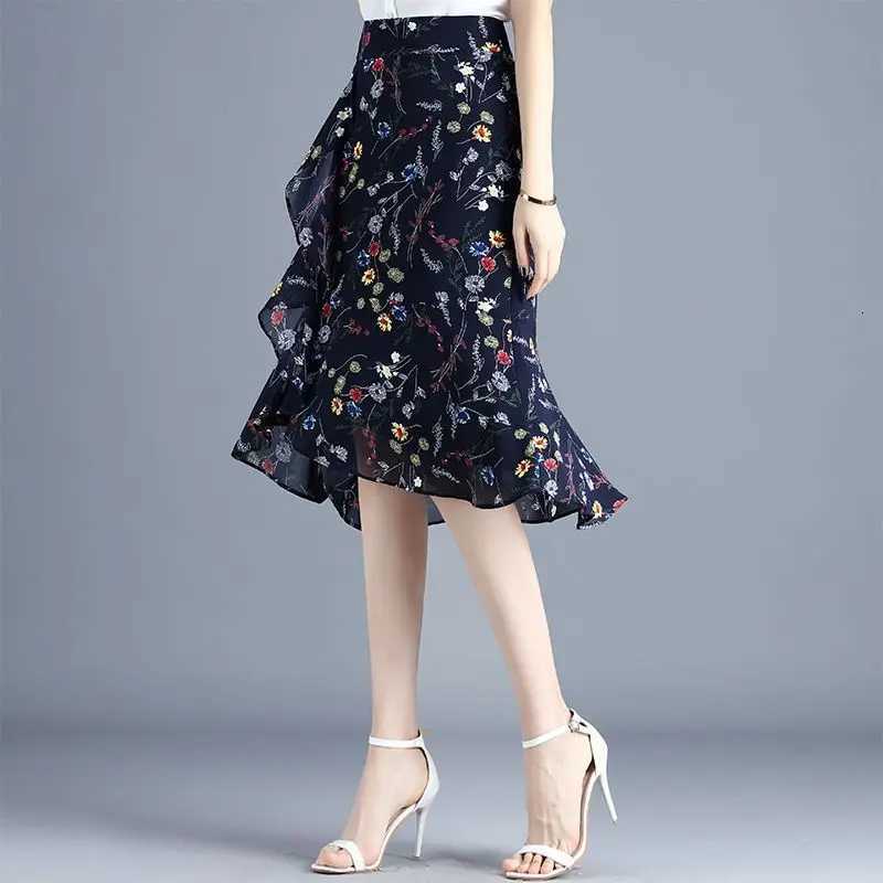 Fishtail Skirts ZUZK Women Chiffon Skirt Summer New One-Step Skirt Irregular High Waist Pack Hip Skirt Y2k Skirt Women Jupe 6Colors W261017