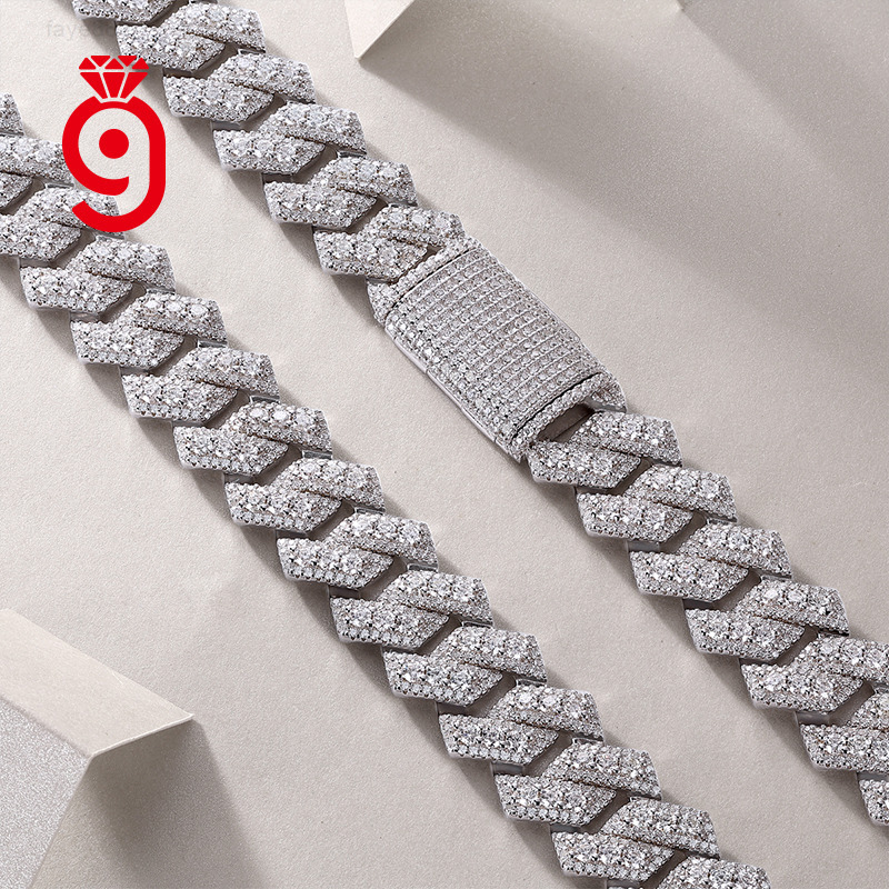 Hot Sale Mixed Size Round Moissanite GRA Solid Silver 925 Rhodium Plated Heavy Hip Hop Iced Out Prong Cuban Link Chain Necklace