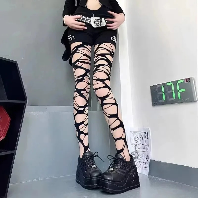 Sexy Black Ripped Fishnet Tight Gothic Punk Hollow Out Tight Mesh Pantyhose Stockings Leggings Emo Style Egirl Streetwear 261015