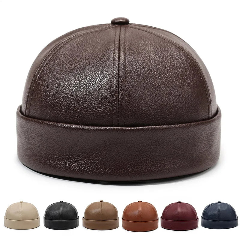 Casual Retro Brimless Hat PU Leather Adjustable Melon Skin Caps Solid Color Docker Cap Autumn Winter261016