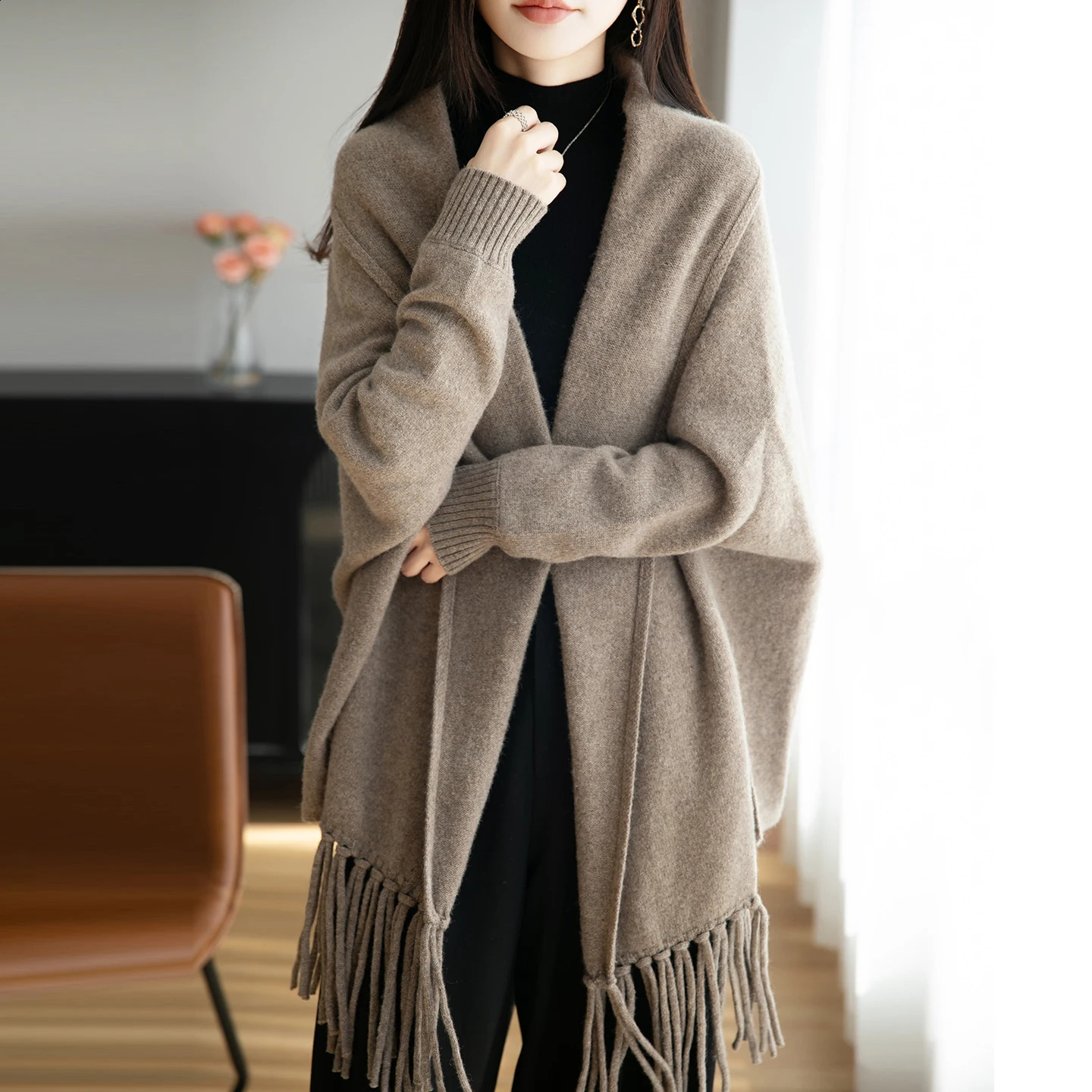 100% Merino Wool Fringed Shawl Women's Autumn Clothes Solid Color Long Sleeve Loose Shawl Knitted Fashion Cashmere Shawl261016