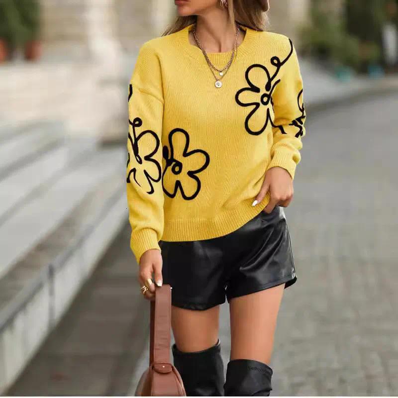 Womens Sweater Autumn Winter Floral Jacquard Knit Pullover Fashionable Round Neck Long Sleeve Top for Women