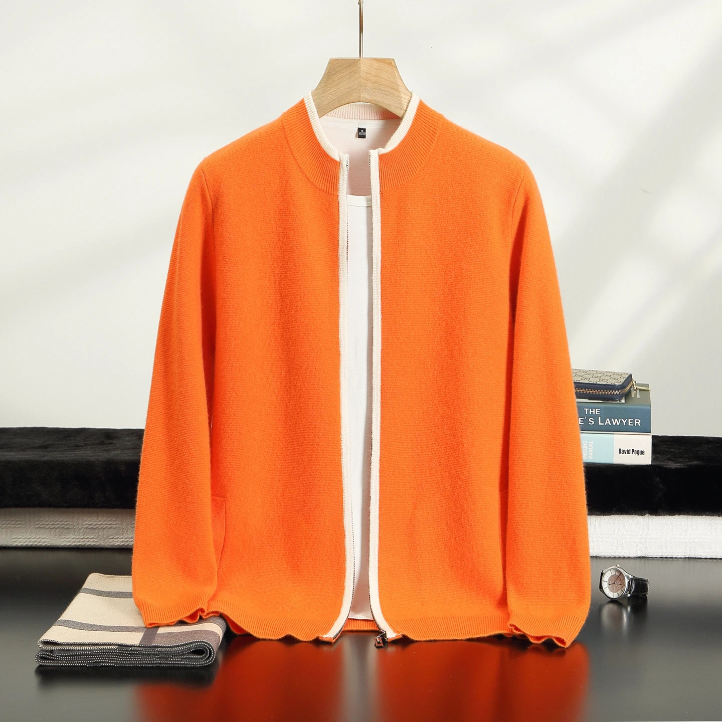 Autumn Winter Men's 100 Cashmere Knitted Sweater Half High Collar Zipper Cardigan Casual Thick Striped Contrasting Menswear 261012
