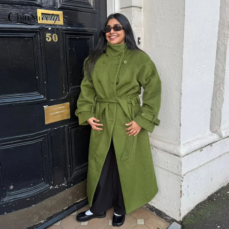 Oversized Wool Blend Women's Winter Coat High Stand Collar Double Breasted Overcoat Autumn Loose Streetwear Warm For Ladies 261015