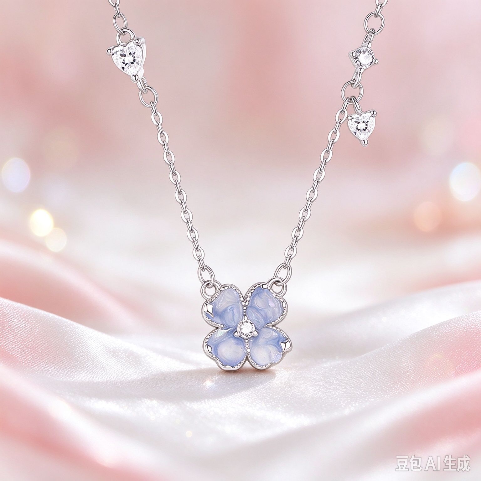 V brand necklace Blue four-leaf clover necklace for women, featuring delicate unique design with cubic zirconia pendant, exuding luxurious and refin