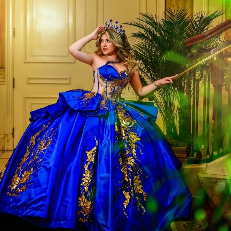 Royal Blue Glitter Quinceanera Dresses Off Shoulder Ball Gown Sweet 16 Dress Gold Applique Lace Beading Bow Tull Party Birthday vestidos 15 anos Dec