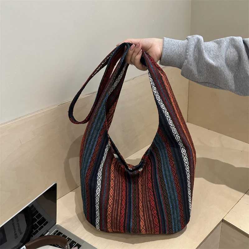 Shoulder Bags Ethnic Striped Woven Shoulder Bag Bohemian Large Hobo Tote Casual Daily Commute Versatile Fashion Crossbody Purse H261016