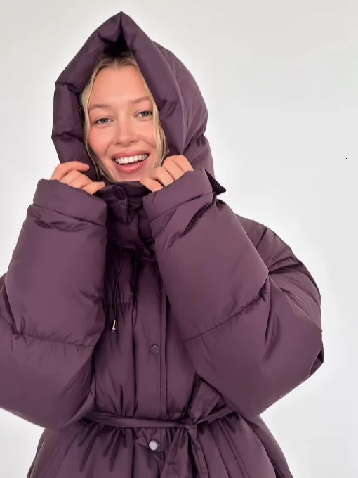 Women Solid Hooded Tiewaist Cotton Jacket Purple Full Sleeve Midlength Padded Coat 2026 Casual Winter Female Puffer Jackets 260923