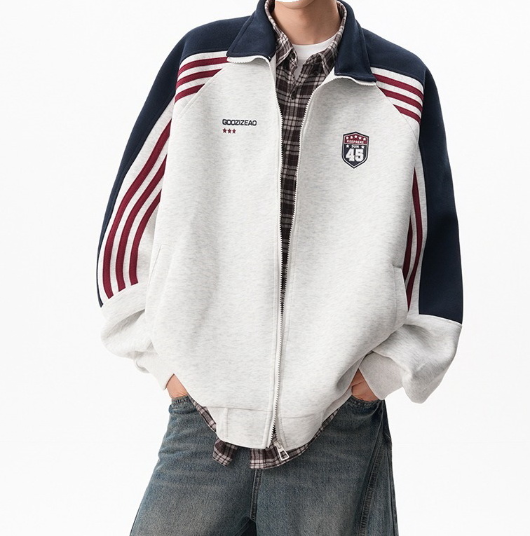 men's Jacket Men sweatshirts Spring Autumn American striped color-blocked hooded sweatshirt with stand-up collar Casual Versatile Outwear Sport