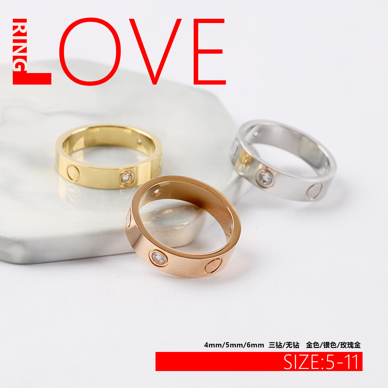 C brand ring Cross-Border Trendy Brand Kajia LOVE Titanium Steel Classic Style with Diamond 18K Gold Ring Manufacturer Supply