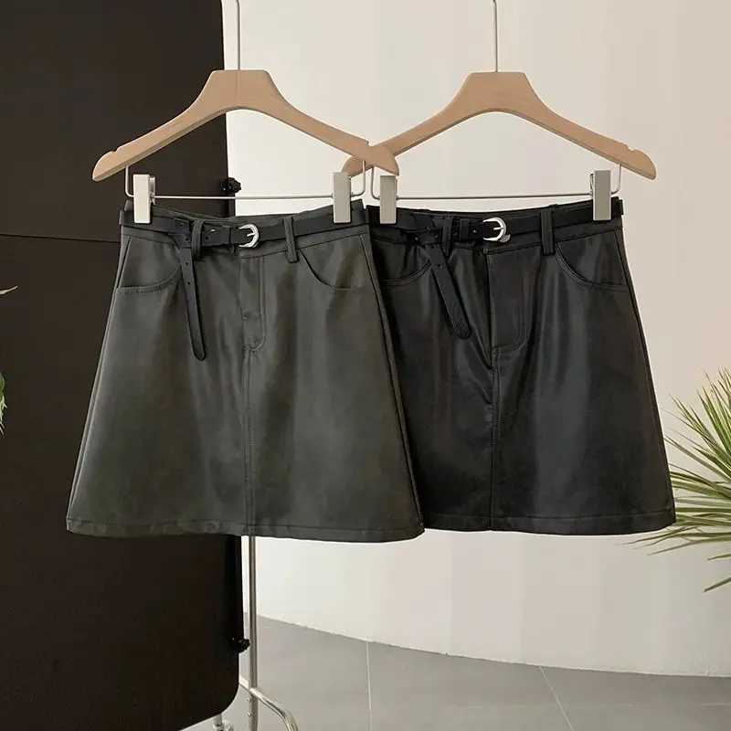 PU High-waisted Skirts Leather Retro Skirt Skort for Women Hip-wrapped A-shaped Skirt with Belt W261017