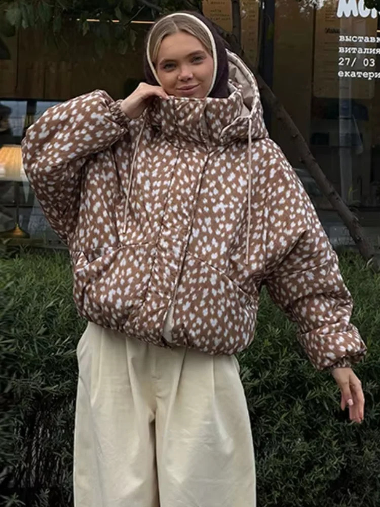 Reversible Deer Print Hooded Puffer Coat Drawstring Hem ZipUp 2026 Winter Women Padded Jacket Casual Lady CottonPadded 261017