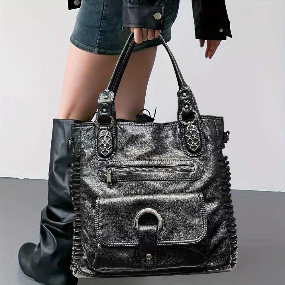 Evening Bags Women's Fashion Y2K Punk Distressed Tote Large Capacity Washed Vegan Leather Shoulder Bag H261016