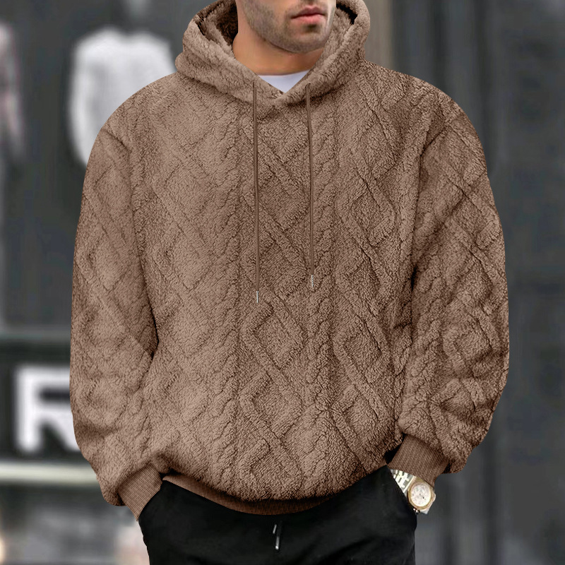 Fashion Men 2026 Foreign American Style Autumn Winter Casual Men's High Street Jacquard Double-Sided Fleece Hooded Sports Trendy Pullover Sweat