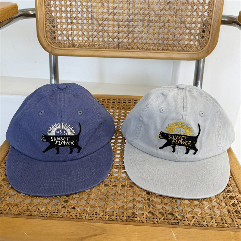 Vintage washed distressed cat embroidery flatbrim baseball cap for women spring summer fashion versatile and faceslimming