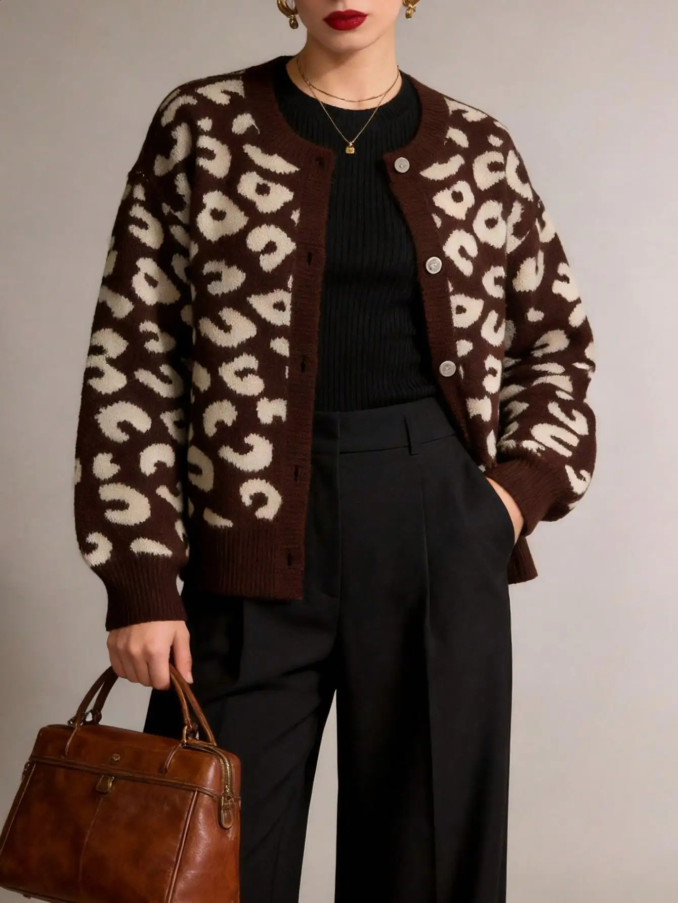 Women Vintage Leopard Print Cardigan Sweater Round Neck Long Sleeve Button Front Knit Top Brown Aesthetic Outfit Autumn Winter 261016