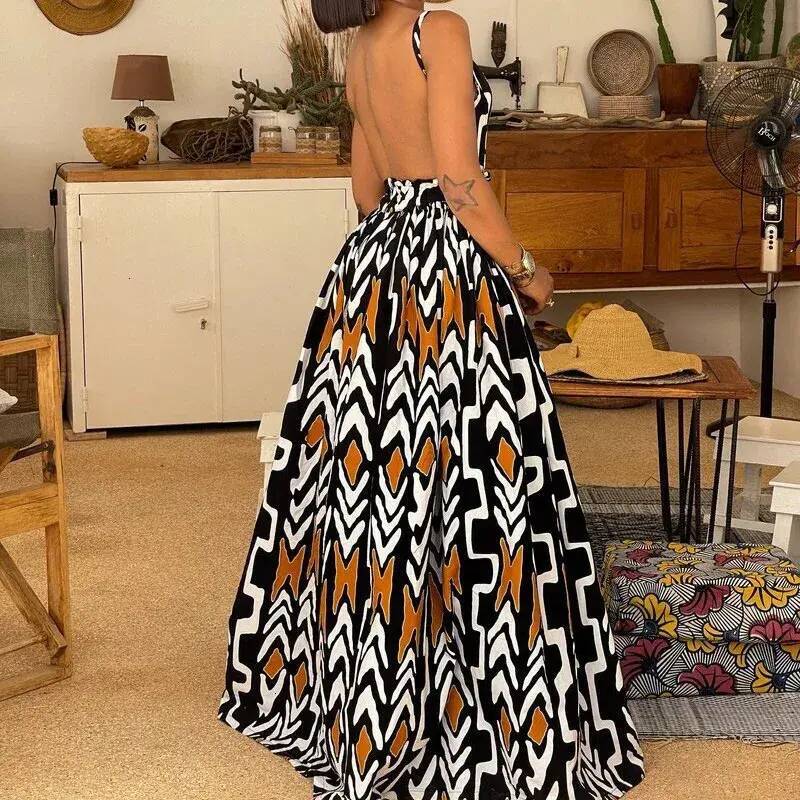 Women Casual everyday Dress Fashionable Vneck Pleated Party With Pattern Printing Backless Long Sleeveless Bohemian Womens For Spring And Summer Lad