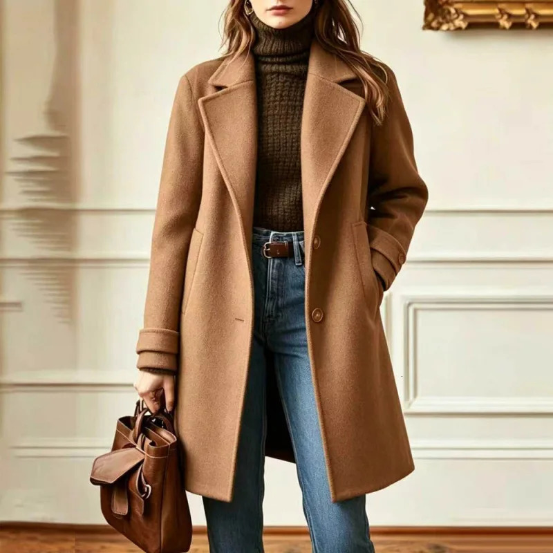 2025 Autumn Winter Women's Wool Blend Trench Coat Retro Notch Collar Solid MidLength Outerwear 261010