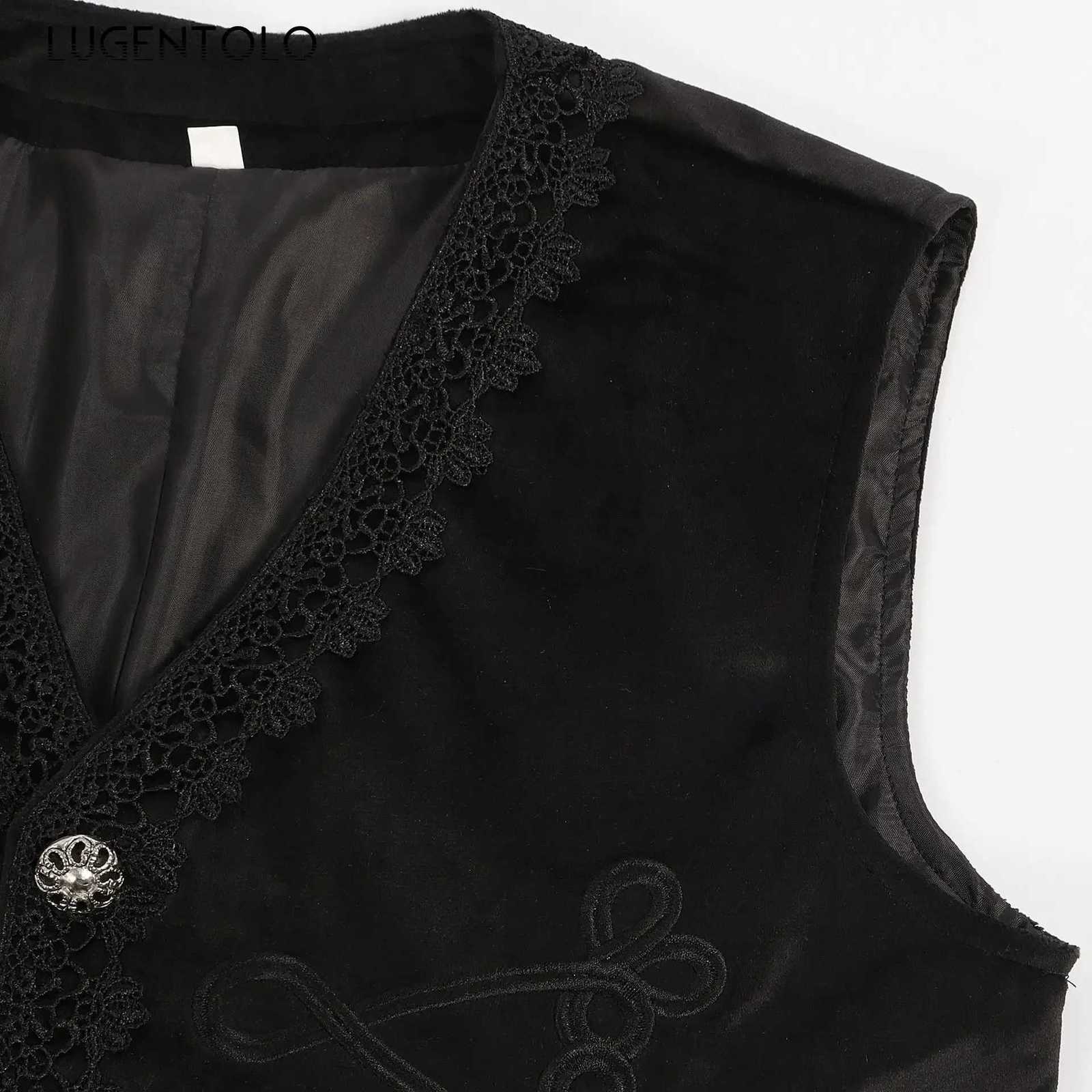 Vests Men Medieval Retro Men's Vest Embroidery Jacket Black Single-breasted Vintage Casual Costume Halloween Party Renaissance Short CoatW26101