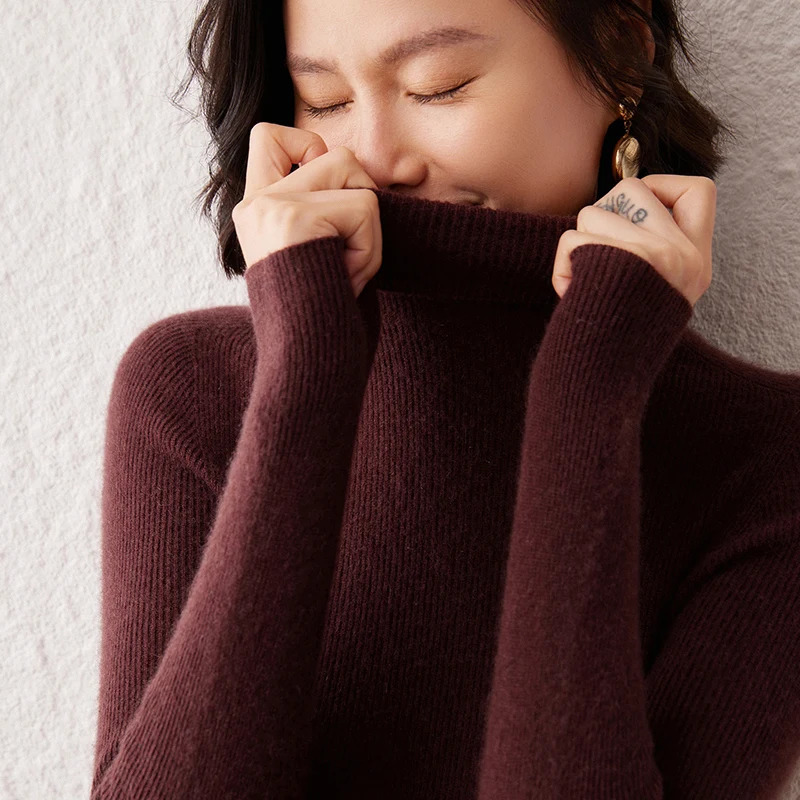 Autumn Winter Women's 100 Cashmere Knit Turtleneck Sweater Lapel Slim Pullover Fashion Warm Base Shirt Top 261008