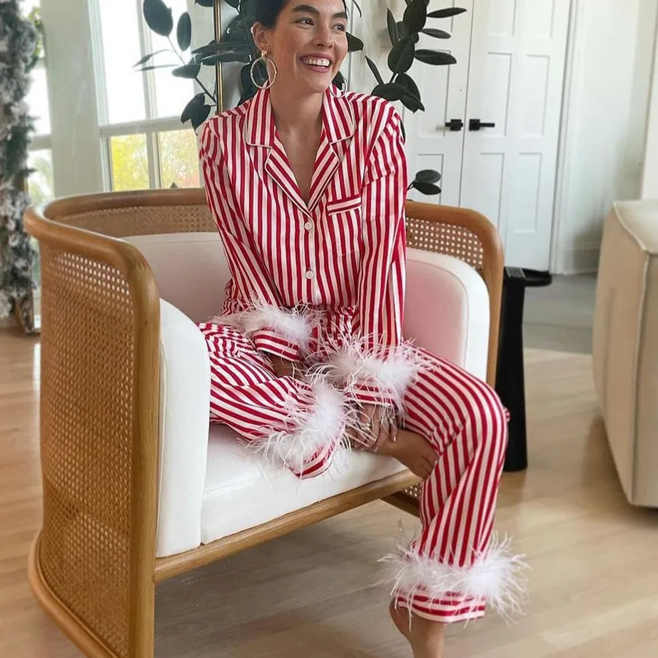 Hirigin Women Christmas Feather Pajamas Silk Satin Lounge Sets Long Sleeve Button Down Shirts and Pants 2 Piece Pj Set 261014