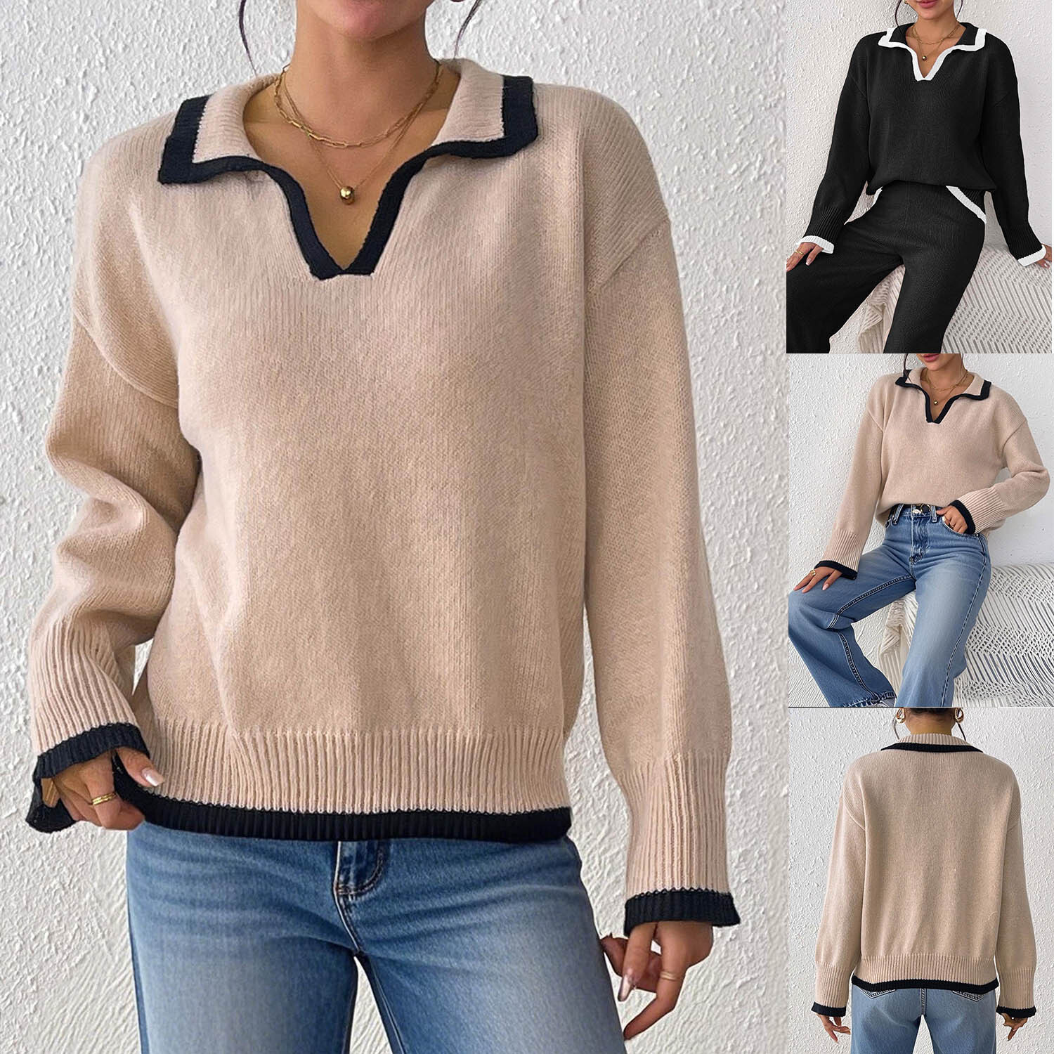 2026 New Designer Women's Sweater European And American Style Polo Neck Top Cross Border Women's Casual Contrast Color Splicing Design Hoo