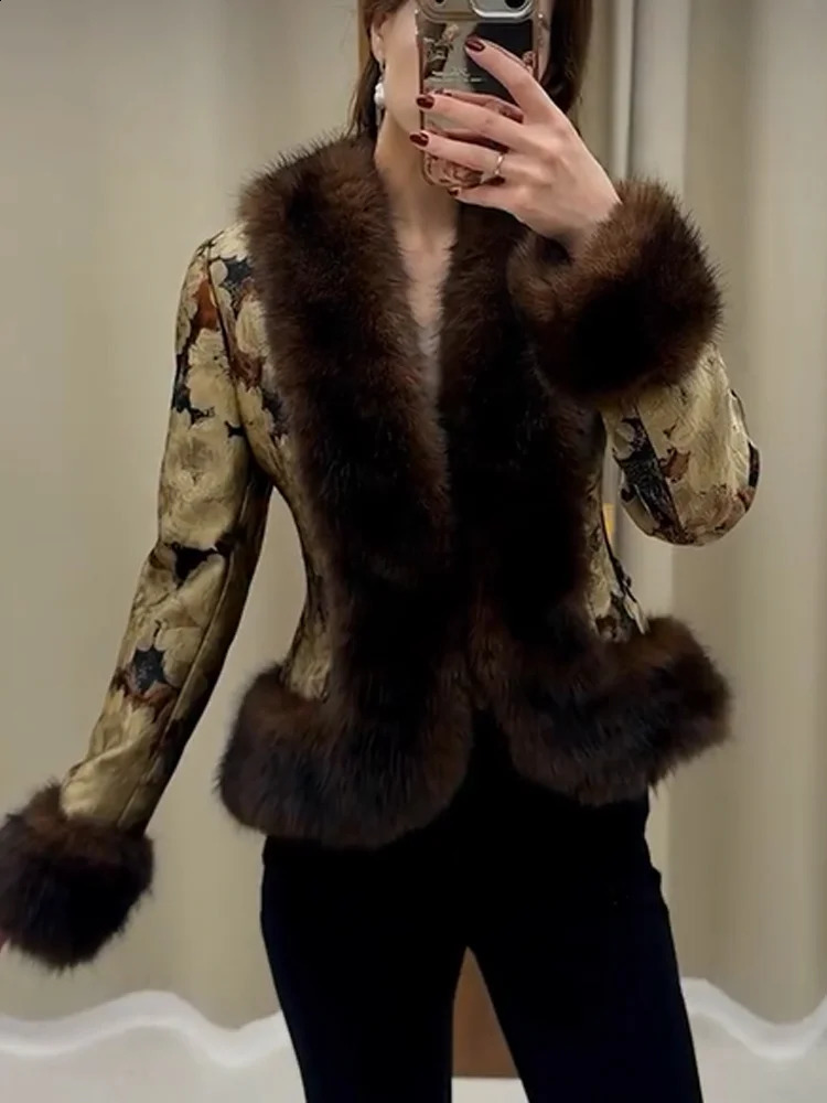 Women Floral Jacquard Faux Fur Trim Jacket V Neck Single Button Long Furry Cuff Cropped Coats Vintage Winter Warm Party Coat 261008