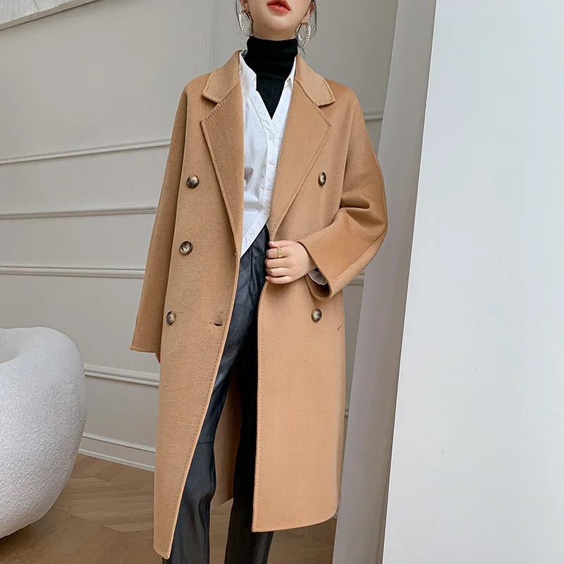 Women's High Quality Double Sided 100 Wool Long Breasted Elegant Loose Cashmere Winter Jacket 261010