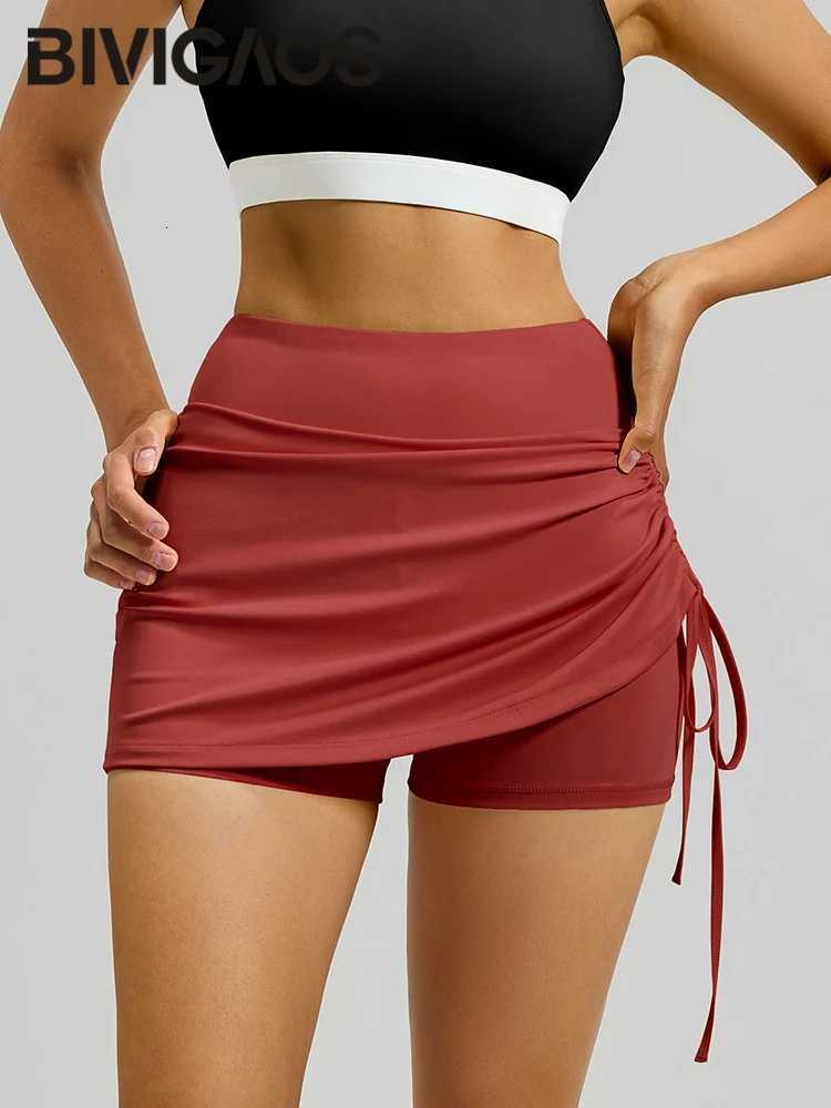 Pleated Skirts Drawstring BIVIGAOS Summer Sport Short Skirt Women High Waist Safety Shorts Fake Two-Piece Running Fitness Skirts W261017