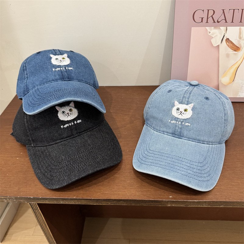 Koreanstyle cute cat embroidered denim baseball cap for women spring summer faceslimming duckbill cap trendy and versatile sun hat