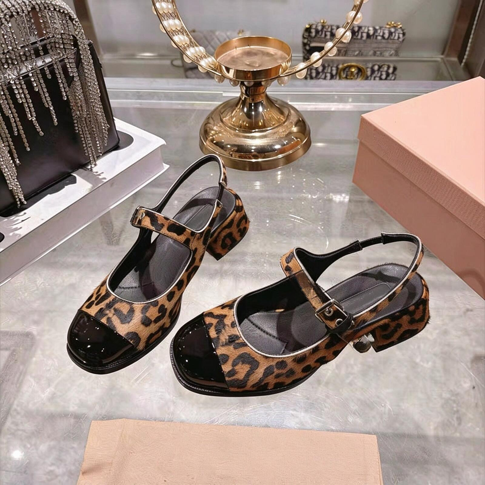 M designer shoes single shoes women's new leopard print square toe straight belt Mary Jane shoes flat bottomed scoop shoes 35-41 size women
