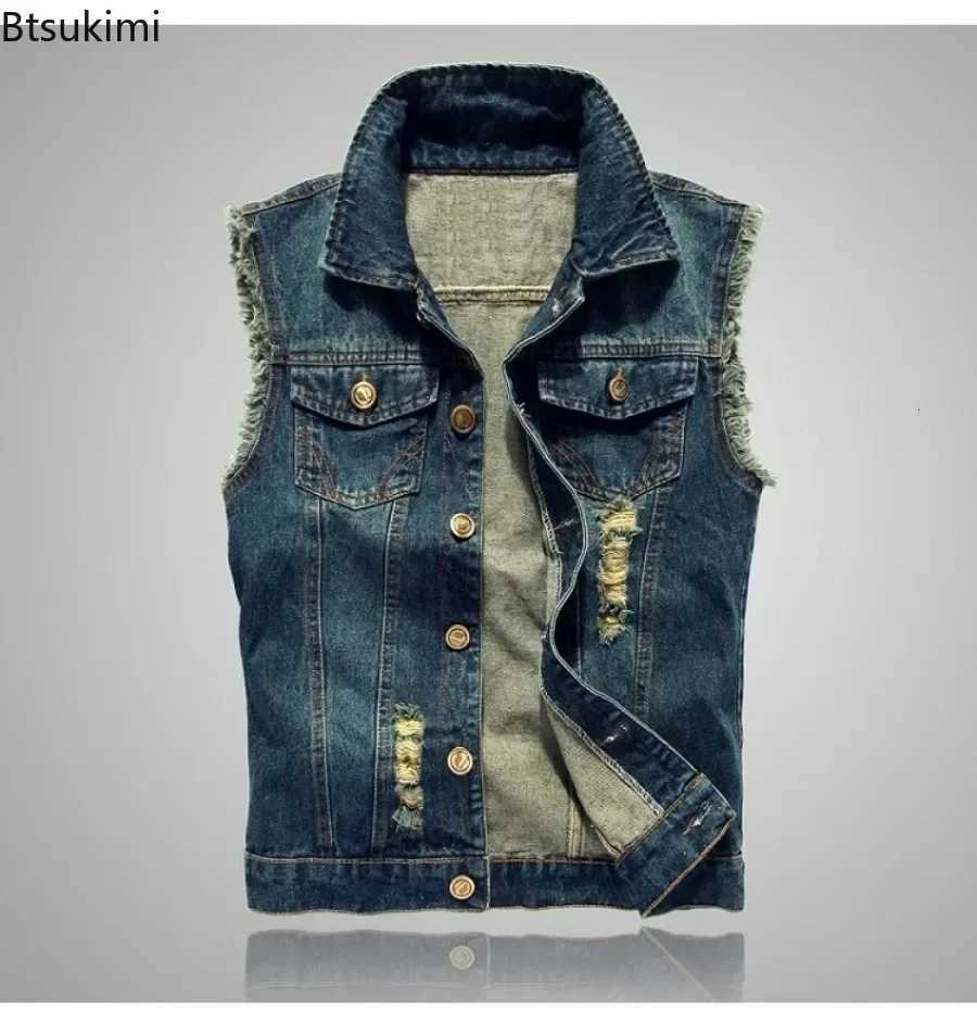 Denim Men's Vests 2026 Men's Sleeveless Jacket Cotton Casual Jeans Waistcoat Korean Hole Cowboy Slim Vest Men Hip Hop Streetwear ClothingW