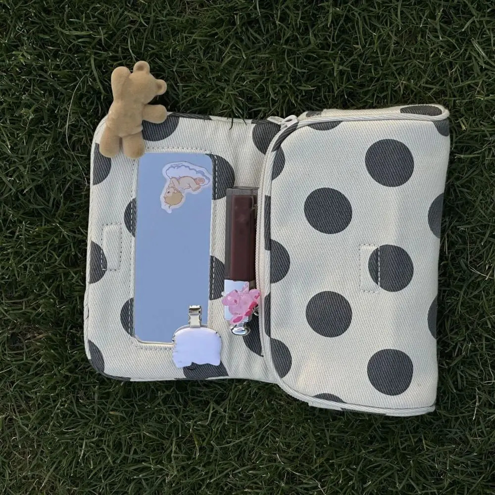 Portable Canvas Polka Dot Cosmetic Bag Stripe Large Capacity Small Item Multifunctional with Makeup Mirror 261009