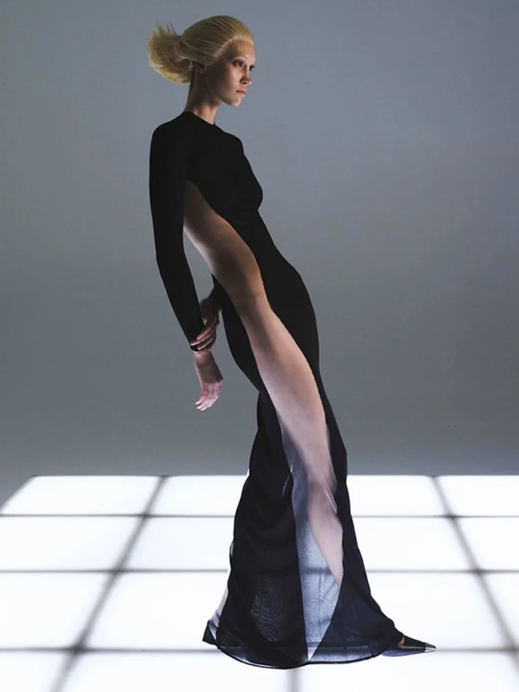 See Through Black Long Bodycon Dress For Women Clothing Slim Sexy Streetwear Mesh Patchwork Vestidos De Mujer Autumn Pullover 261015