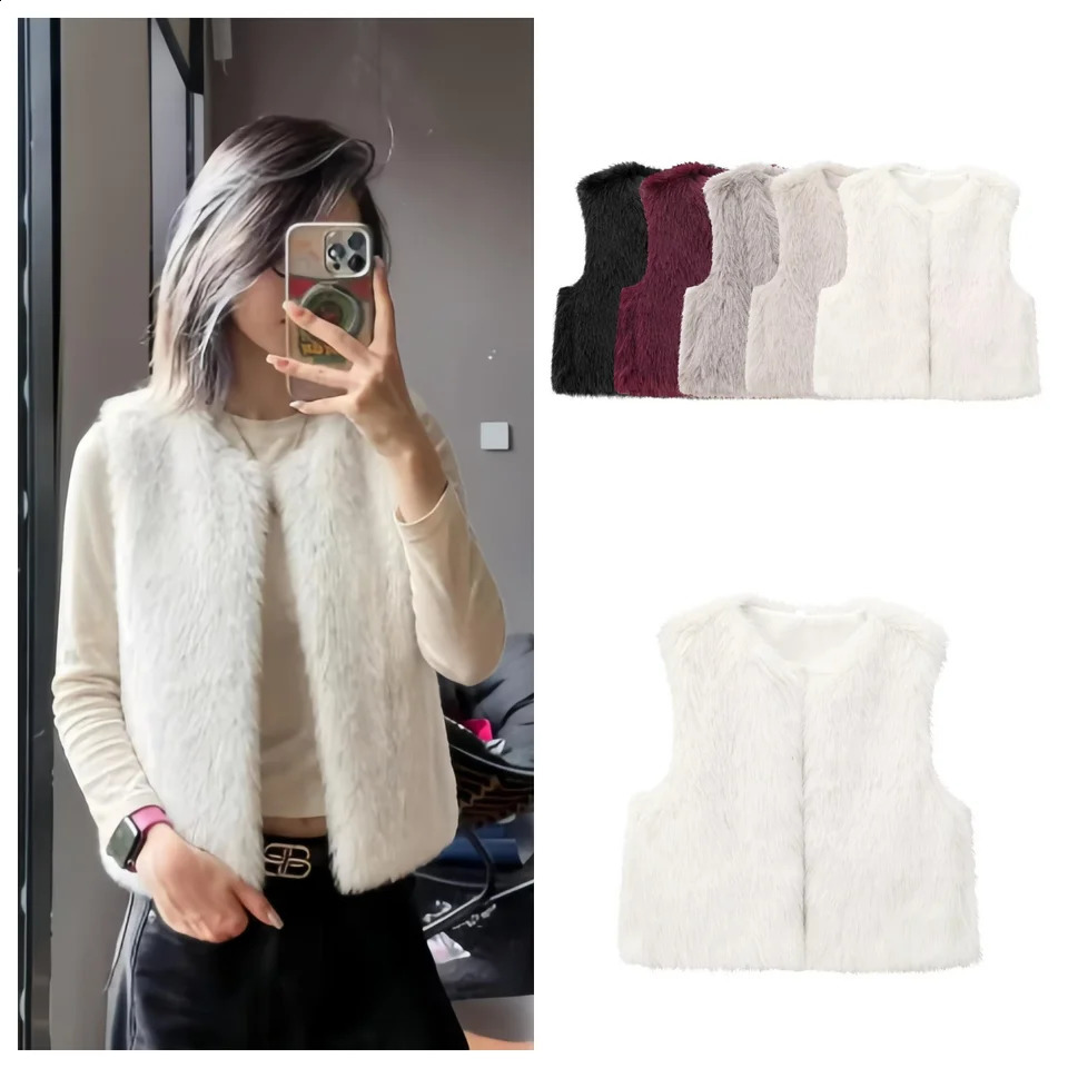 Guobioziy Women's Cardigan Vest Jacket Solid Color Coat Street Style Fashion Sleeveless Faux Fur 261016
